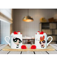 Power Puff Blossom & Buttercup Arkadaş Çift Tasarımlı Çift Ahşap Tabaklı Kişiye Özel Türk Kahvesi Fincanı Seti