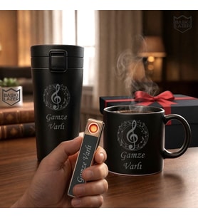İsme Özel Müzik Notalı Erkek & Kadın Lüks Hediye Seti - Çelik Termos Bardak Çakmak Kupa - Premium Hediye Paketli (Model 1)