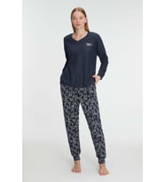 Kadın Lacivert Uzun Kollu Alt Kısmı Çiçek Desenli Paça Kısmı Lastik Detaylı Pijama Takımı (Renksiz)