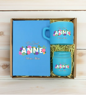 BK Gift Kişiye Özel İsimli DTF Anne Temalı Turkuaz Defter & Kahve Fincanı & Mum Hediye Seti-3, Anneye Hediye, Anneler Günü Hediyesi