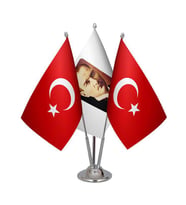 Masa Üstü Atatürk Bayrağı Türk Bayrağı Üçlü Krom Direk Masa Bayrak Seti
