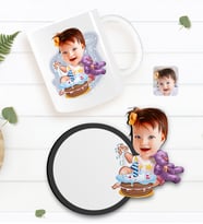 BK Gift Kişiye Özel Bebek Doğum Günü Karikatürlü Beyaz Kupa ve Ahşap Bardak Altlığı Hediye Seti-2