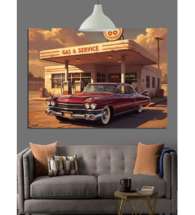 Klasik Benzin İstasyonu Araba Dekoratif Kanvas - Mdf Ahşap Tablo