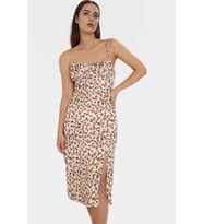 Kadın Leopar Desenli Midi Bodycon Elbise Yan Yırtmaç Detaylı Yazlık Yaz Aylarının Vazgeçilmezi