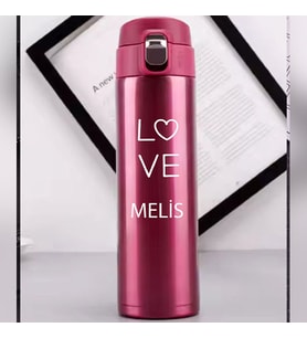 Kişiye Özel Lazer Baskılı 500ml Çelik Love Baskılı Termos – Sızdırmaz, Vakumlu, Kilitli Kapak (Pembe)