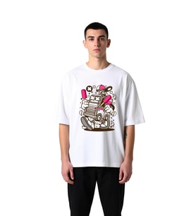 Dondurma Kollu Retro Robot Baskılı Erkek Oversize Tişört