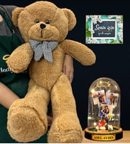 Size Özel İsimli Premium Set - Büyük Boy Kahve Peluş Ayıcık ve İsimli 3 Fotoğraflı Led Işıklı Fanus (Model 10)