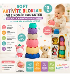 Soft Aktivite Blokları ve 2 Komik Karakter 6 Parçalı Yumuşak İstifleme Oyuncağı Eğitici Aktivite