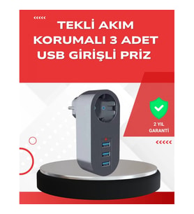 Mey İthalat® 2500W Güç Destekli Akım Korumalı Priz – 3 USB Çıkışlı