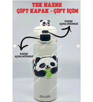 Vagonlife Diller Sevimli Panda Çift Kapaklı Çelik Termos 480ml