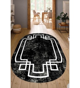 Dijital Baskılı Kaymaz Taban Yıkanabilir Oval Salon Halısı Mutfak Halısı Yolluk NDO-SD-597 (Siyah)