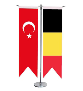 Masa Üstü Kırlangıç Belçika + Türk Bayrağı + Krom T Direk Masa Bayrak Seti