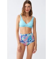 pilelistore- Kadın Pedli Üst Tropik Desenli Yüksek Bel Bikini Takımı - Buz Mavisi