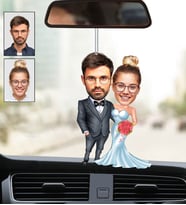 Kişiye Özel Fotoğraflı Gelin Damat Tasarımlı Karikatür Araba Dikiz Ayna Süsü