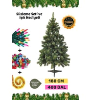 Premium Kutu Süsleme Seti Yılbaşı Çam Ağacı Renkli Işığı Yeni Yıl Süsleri Noel Paketi 180 Cm 400 Dal