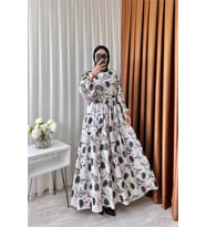 Neşeli butik kadın keten desenli tesettür elbise SMS002 - Siyah