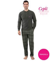 Guava Erkek 3 Düğme Göğüs Cepli Kışlık Pamuklu Selanik Kumaş Uzun Manşetli Kol Cepli Pijama Takımı (Haki)