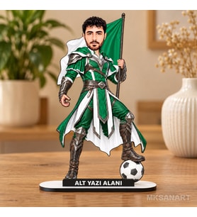 Kişiye Özel Yeşil Beyaz Erkek Süper Karikatürlü 18 cm MDF Masaüstü Biblo - Futbol Temalı Hediye Futbol Severlere ve Spor Tutkunlarına Hediye