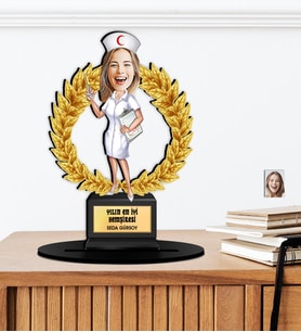 Kişiye Özel Karikatürlü Yılın Hemşiresi Ahşap Oscar - Masaüstü Biblo