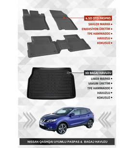 Sahler Nıssan Qashqai Visia 2014-2021 Uyumlu 4.5D Premium Havuzlu Oto Paspas ve Liner Marka 3D Bagaj Havuzu
