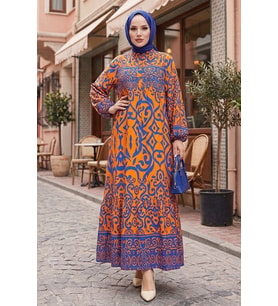 Laysa Desenli Viskon Elbise 1721 - Turuncu