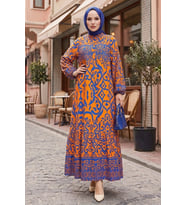 Laysa Desenli Viskon Elbise 1721 - Turuncu
