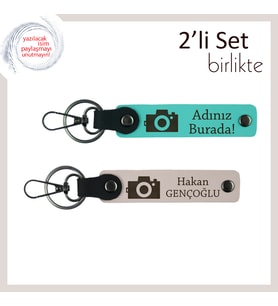 Kameralı Anahtarlık ile Sevgine Anlam Kat, Kişisel Yazılı 2’li Hediye Seti, Turkuaz-Pudra