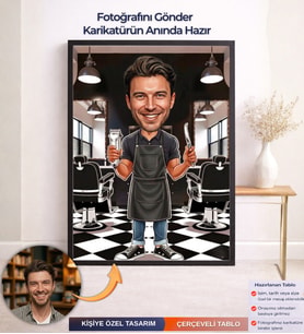Kişiye Özel Erkek Kuaför Karikatürü Çerçeveli Tablo ,Kişiye Özel Çerçeveli Tablo,Kişiye Özel Hediye (Çok Renkli)