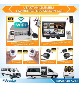 Uzaktan izlemeli 4 Kameralı Wifi 1 Tb Harddisk 7 Inç Ekranlı Araç Kamera Seti