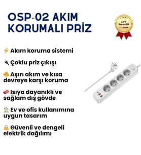 OSP02 Akım Korumalı Çoklu Priz – Anahtarlı, Güvenli Elektrik Dağıtım Ünitesi
