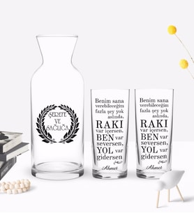 BK Gift Kişiye Özel Renkli Baskılı Rakı Var İçersen Tasarımlı İkili Rakı Bardağı ve Karaf Hediye Seti-1 (Model 1)
