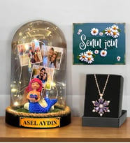 İsimli 3 Fotoğraflı Işıklı Fanus ve Gerçek Ametist Taşlı Lotus Kolye (Model 7)