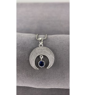 Telkari Safir Taşlı Parmak İzi Hilal Gümüş Kadın Kolye