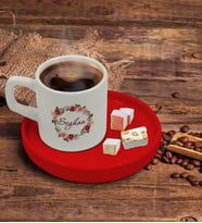 BK Gift Kişiye Özel Kırmızı Sunum Tabaklı Çiçek Tasarımlı Türk Kahvesi Fincanı Model 19