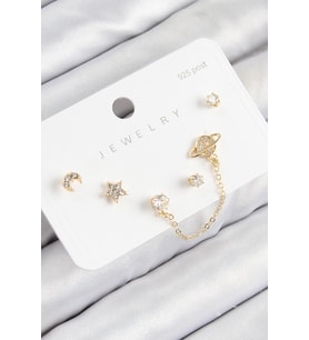 Pirinç Zirkon Taşlı Yıldız Ve Gezegen Model Gold Renk 925 Ayar Gümüş Çivi Kadın Küpe Set (Altın)