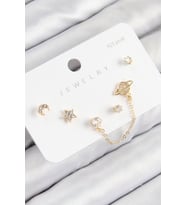 Pirinç Zirkon Taşlı Yıldız Ve Gezegen Model Gold Renk 925 Ayar Gümüş Çivi Kadın Küpe Set (Altın)