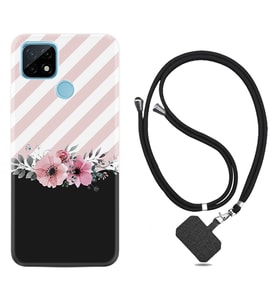 Realme C11 C21 C21Y C25Y C11 2021 Kılıf Boyun Askılı Silikon Strip Pink Flowers 1396