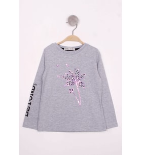 Toontoy Kız Çocuk Çiçek Nakışlı T-Shirt ( Gri-Melanj)