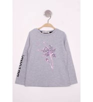 Toontoy Kız Çocuk Çiçek Nakışlı T-Shirt ( Gri-Melanj)