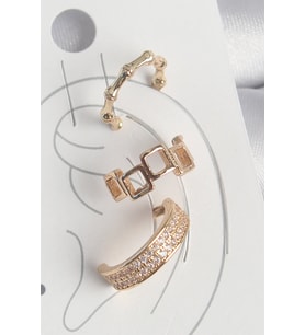 Pirinç Gold Renk Kare Model Zirkon Taşlı 3'Lü Model Kadın Kıkırdak Küpe (Altın)