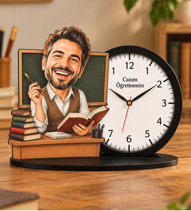 Kişiye Özel Karikatürlü Öğretmen Ahşap Biblo Masa Saati