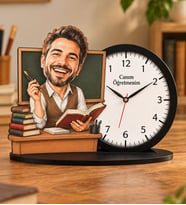 Kişiye Özel Karikatürlü Öğretmen Ahşap Biblo Masa Saati
