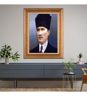 Altın Varaklı Çerçeveli Paspartulu Atatürk Tablo TR1535 (Gold)
