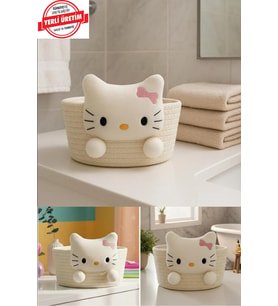 Hello Kitty Peluşlu Çok Amaçlı Hasır Sepet, Banyo Sepeti, Dekor Sepet, Havlu Sepeti