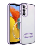 Samsung Galaxy M14 Kılıf Logo Yeri Açık Kamera Lens Korumalı Renkli Kenarlı Şeffaf Silikon (Lila)