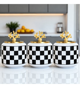 Baharatlık Seramik 3 lü Oval Büyük Boy Kahve Köşesi Seti 1400 ml Hacimli Siyah Damalı (Çay,Kahve,Şeker) Gold