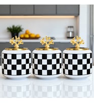 Baharatlık Seramik 3 lü Oval Büyük Boy Kahve Köşesi Seti 1400 ml Hacimli Siyah Damalı (Çay,Kahve,Şeker) Gold