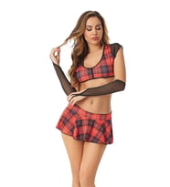 Lily Bianca Ekose Desen Etek Büstiyer Eldiven Takım/Liseli Kadın Kostüm -268