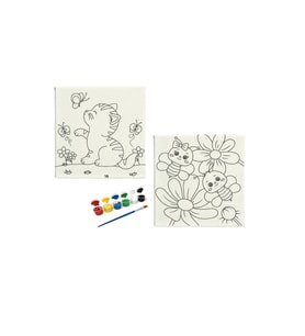 Okul-aile Etkinliği-2'li Tuval Boyama Seti. 20x20 Cm Uv Baskı 6 Akrilik Boya 1 Fırça-model-24