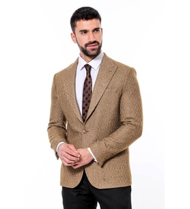 Kendinden Desenli Slim Fit Yün Taba Erkek Ceket - Wessi (Krem)